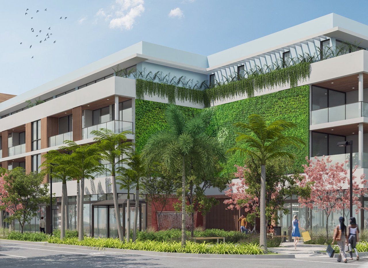 Ónix Delray Beach exterior rendering with tropical landscaping and private balconies.