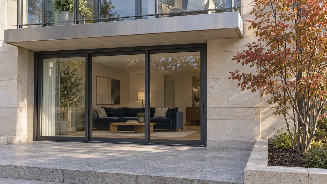 Morning light on a limestone residential facade, glazed living room, granite terrace, and autumn serviceberry.