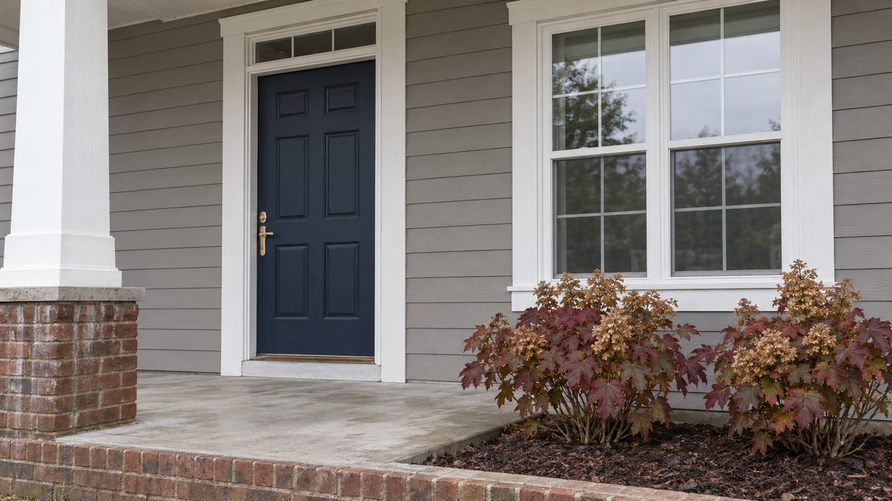 Covered front entry with a navy door, white-trimmed window, gray siding, brick porch base and autumn oakleaf hydrangeas.