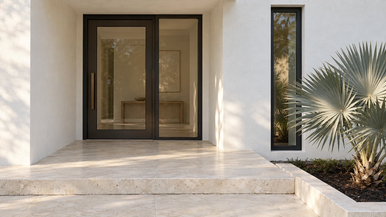 Estate entry with a recessed bronze-framed glass door, limestone landing, and silver thatch palm.