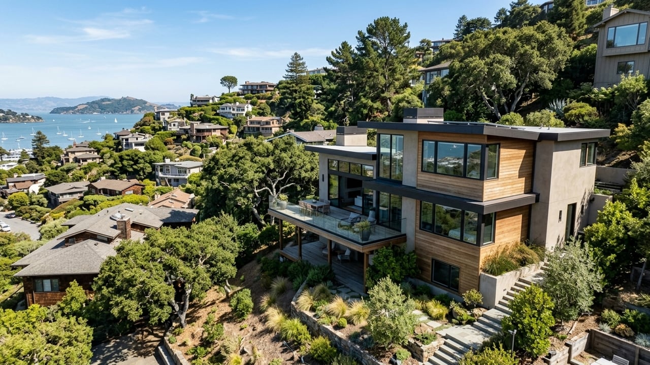 Modern hillside home overlooking a sailboat-dotted bay, with broad terraces and landscaped grounds.