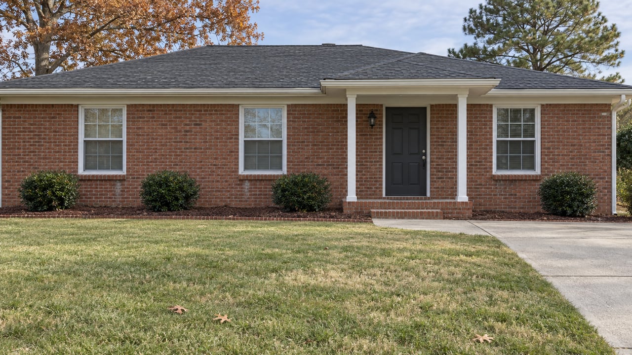 Red-brick ranch with a compact covered entry, deep autumn lawn and mature oak beside the house.