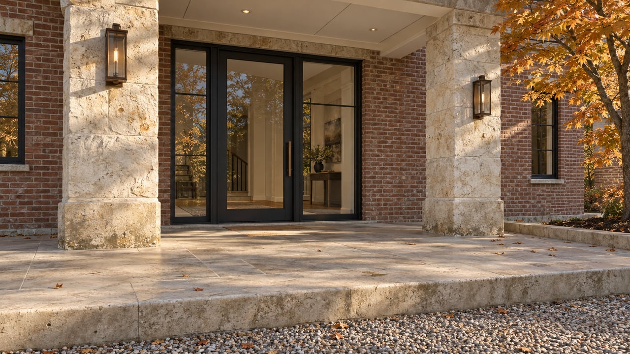 Autumn sunlight grazes limestone columns and a brick facade around a black-framed glass entrance, above a broad stone terrace.