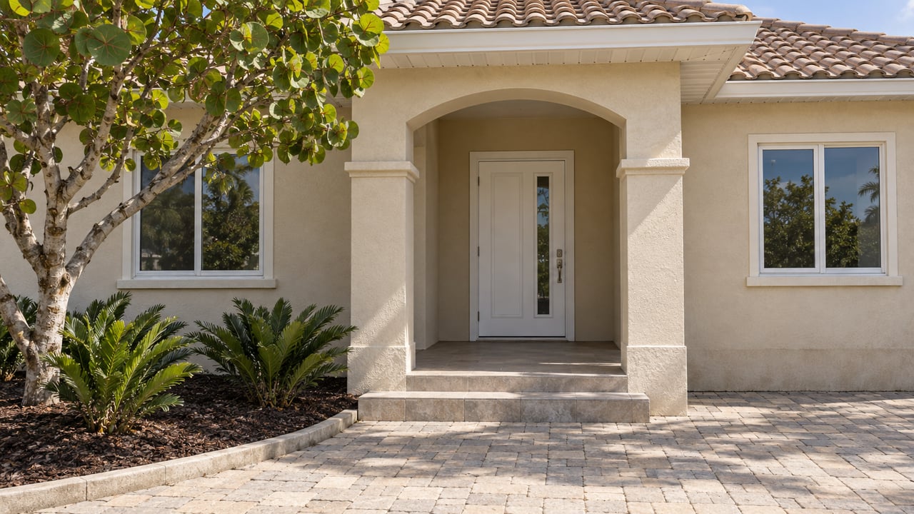 Sunlit beige stucco home with an arched entry, tan tile roof, paver steps and a sculptural sea grape tree.