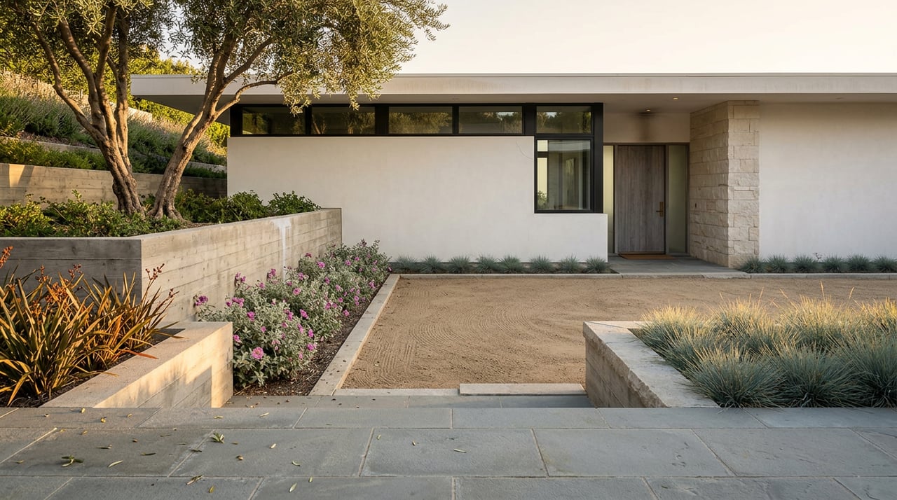 Hillside residence with white stucco facade, gravel court, stepped stone terraces, and a spreading olive tree.