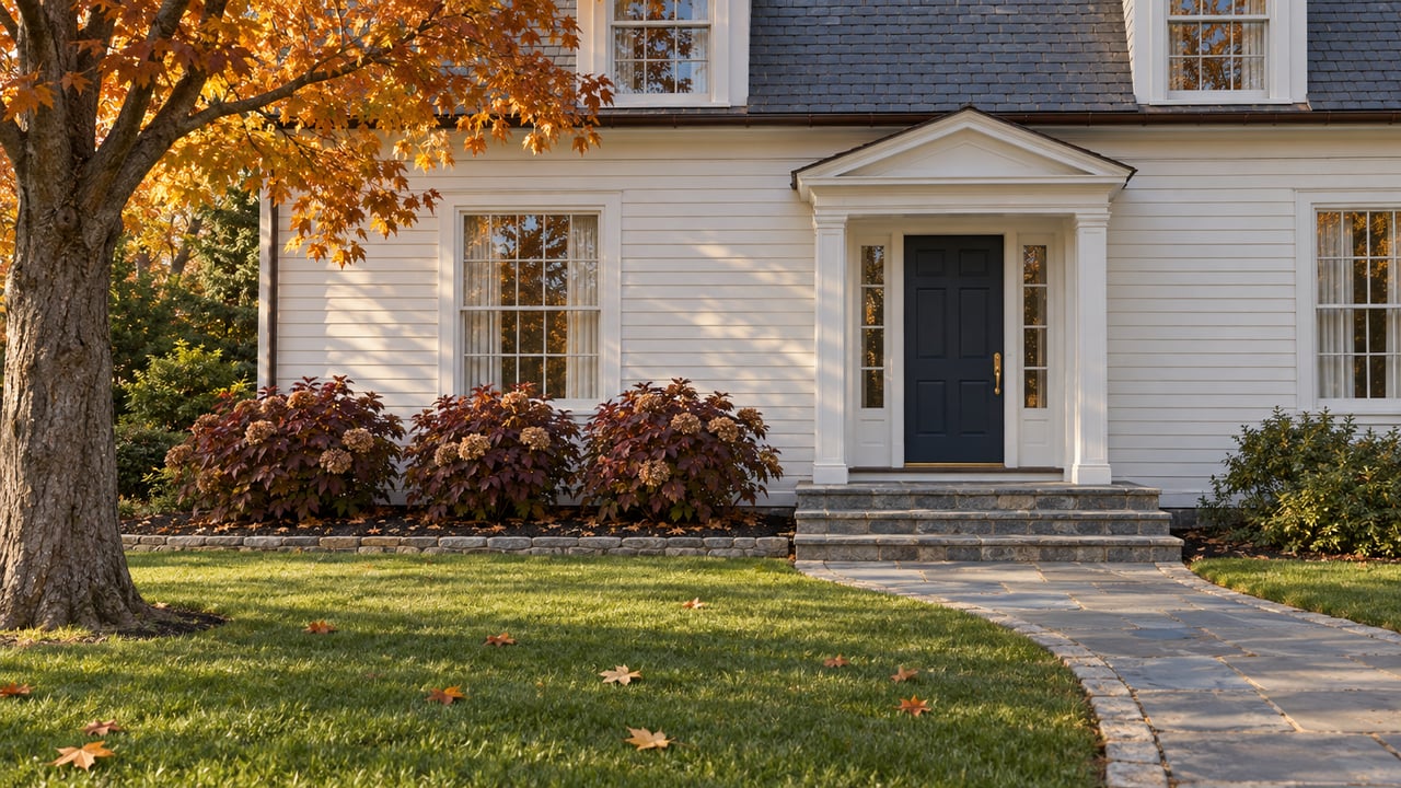 Autumn light on a white clapboard home with a navy entry door, bluestone walk and mature amber-leaved maple.