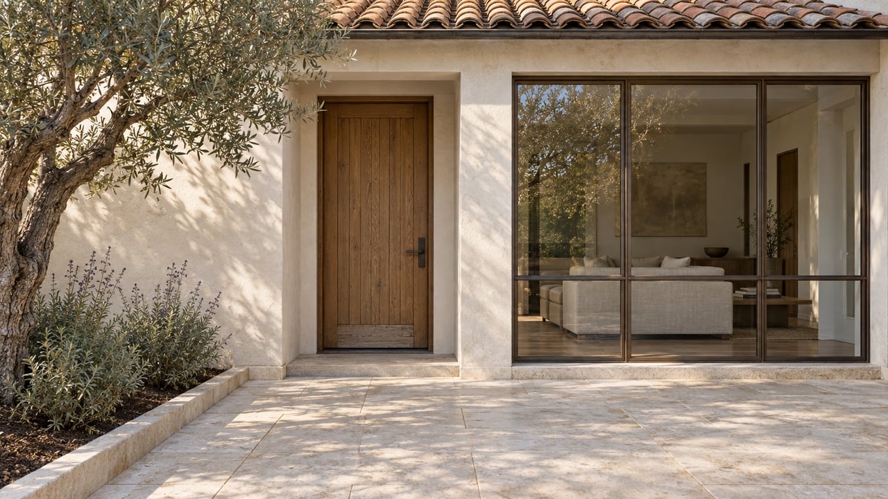 Warm afternoon light crosses an ivory stucco home's oak entry, bronze-framed window and limestone court beside a sculptural olive tree.