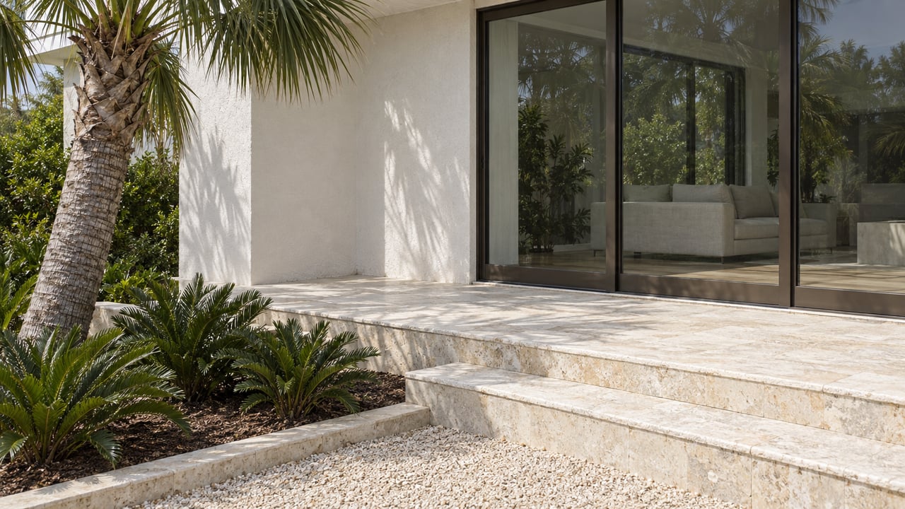 Pale stucco home with bronze-framed sliding glass doors, a raised limestone terrace and native palm and coontie planting in warm morning light.