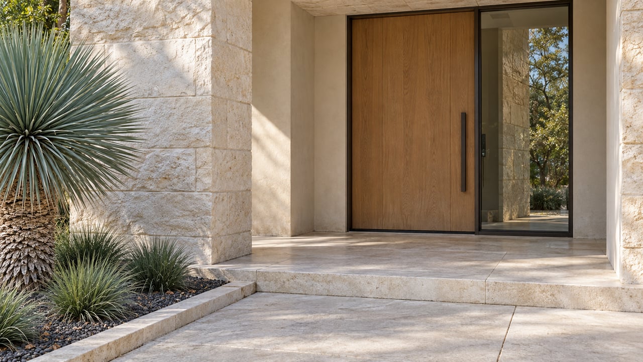 Sheltered oak front door and bronze-framed sidelight set in cream limestone, above a stone approach beside a sculptural yucca.