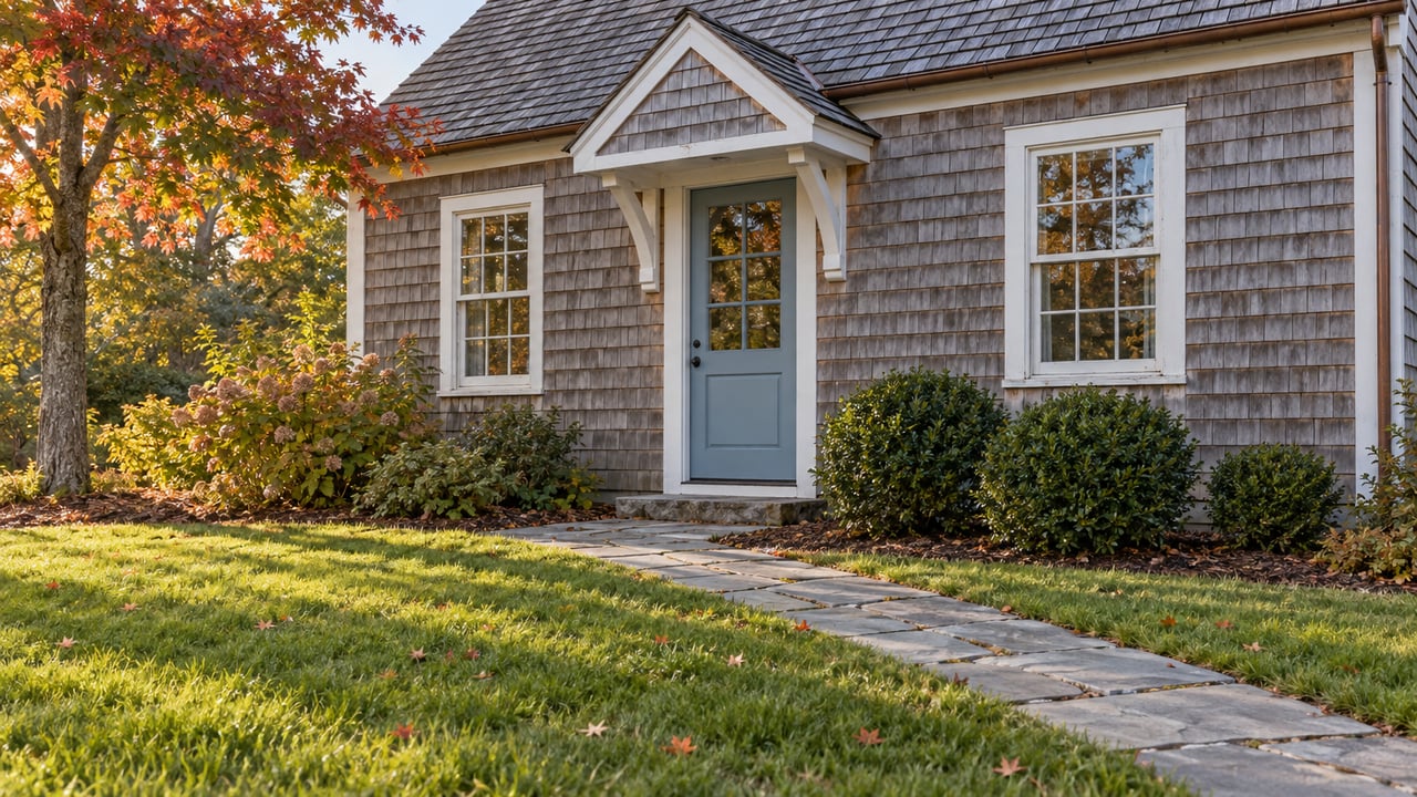 Weathered cedar-shingle home with a pale blue glazed door, white sash windows, a stone garden walk, and an autumn maple beside a deep lawn.