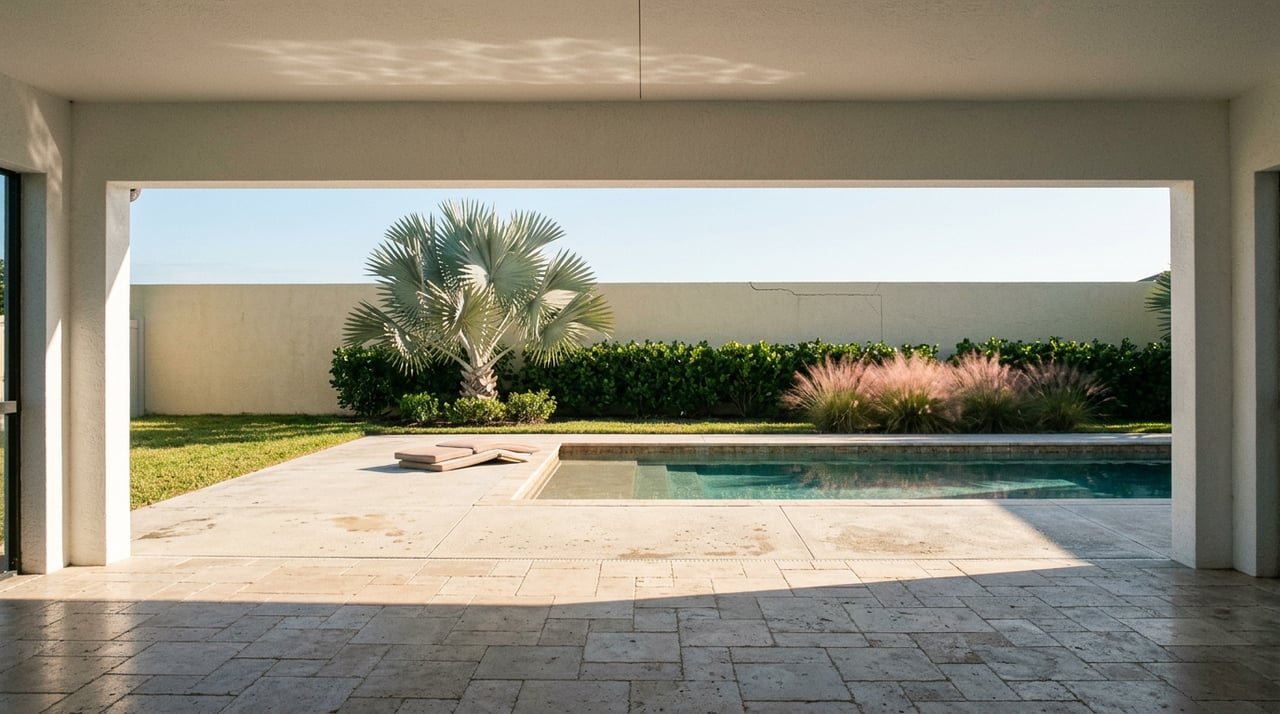 Pool terrace framed from a covered lanai, with a silver-blue palm and pink grasses.