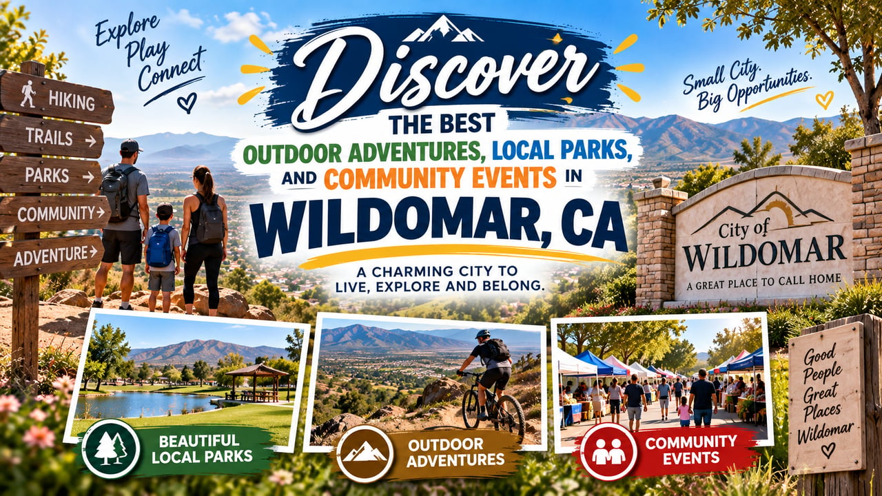 A composite guide graphic showcasing beautiful local parks, outdoor adventures, and community events in Wildomar, CA.