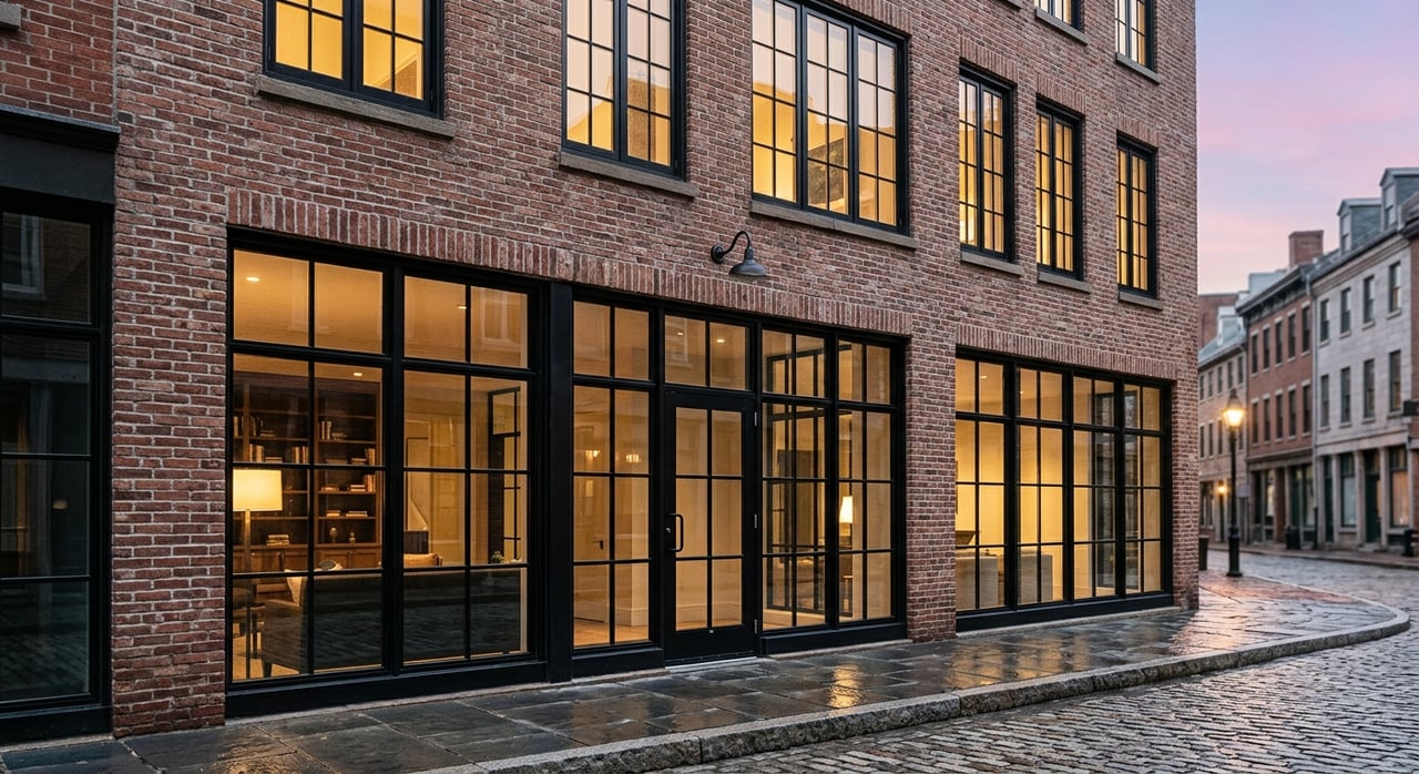 Brick storefront with black-framed windows, recessed glass entry, planters, and a bench on a brick-paved sidewalk.