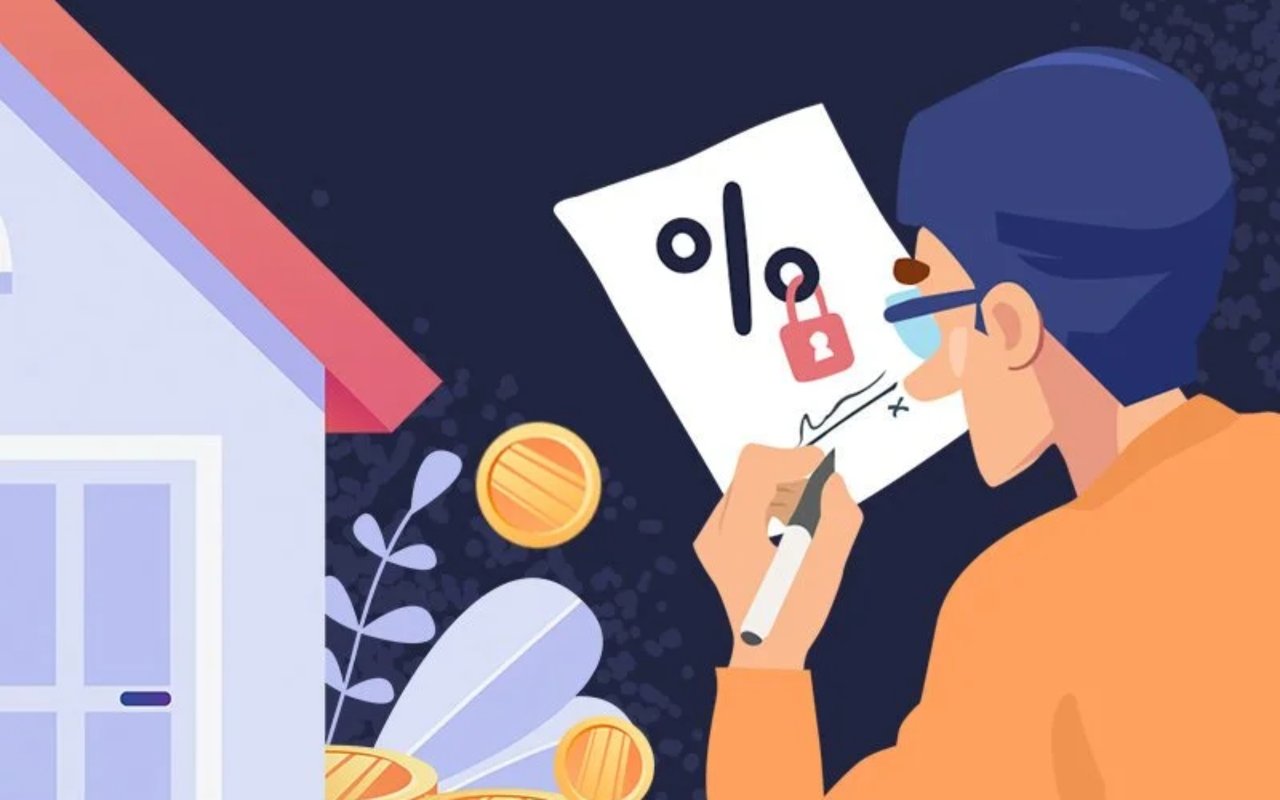 Mortgage paperwork with a locked interest-rate symbol beside a house and coins.