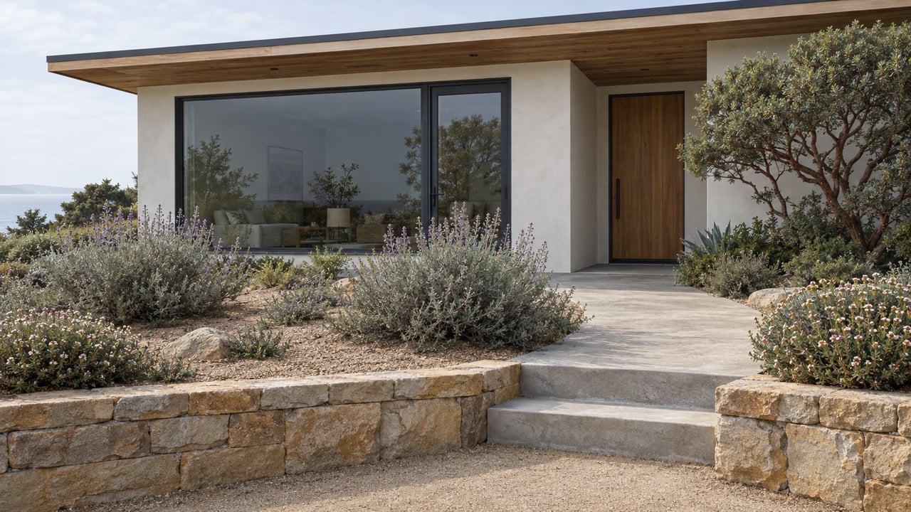 House with warm wood entry, broad glazing, sloped planted forecourt, and sandstone retaining wall.