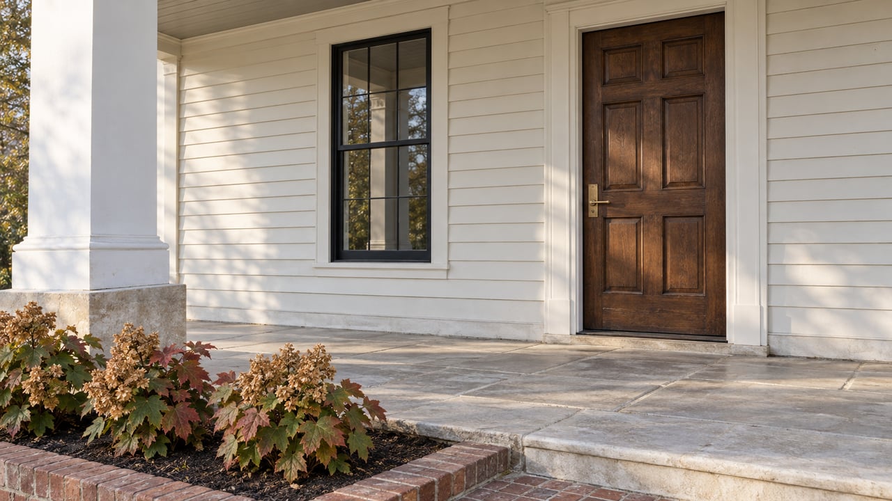 Morning light across a limestone porch, white clapboard, an oak entrance door and autumn oakleaf hydrangeas.