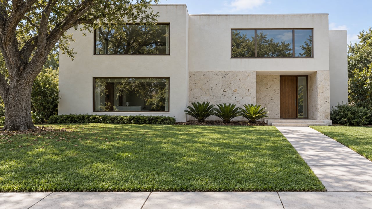 Contemporary white stucco home beyond a deep green lawn, with a mature spreading oak and limestone-lined entry.