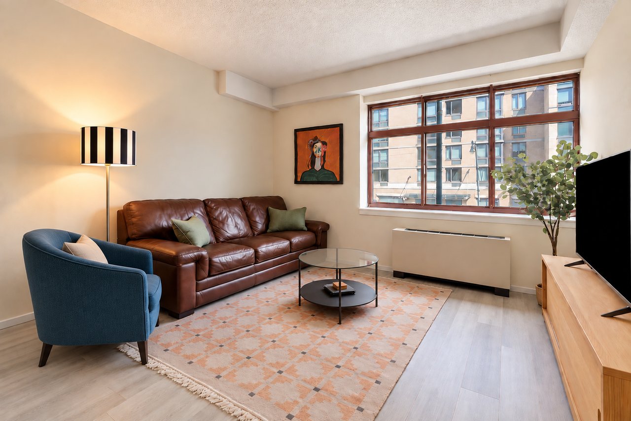 Furnished living room with brown leather sofa, blue armchair, and large windows overlooking neighboring buildings.