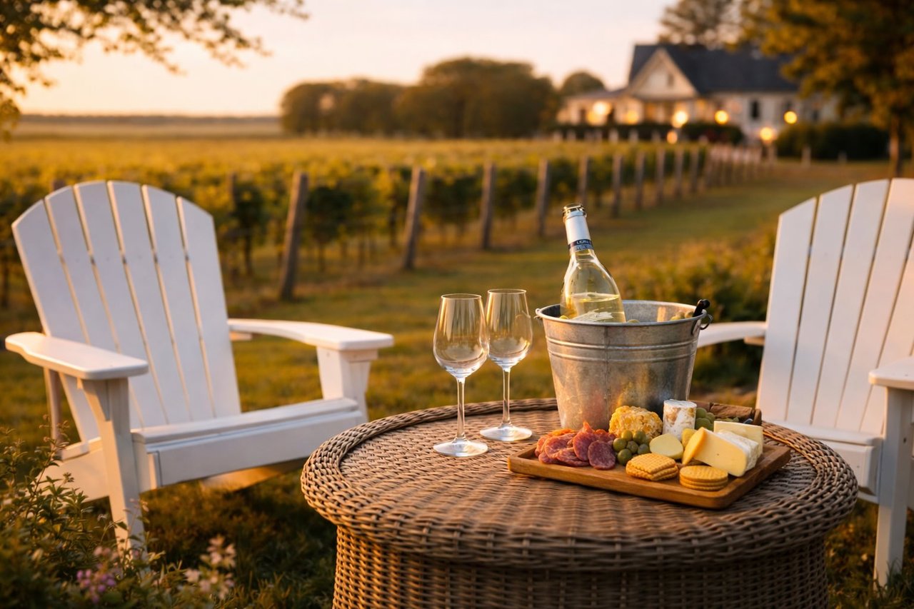 Jamesport NY winery with outdoor chairs, wine and cheese board on a table