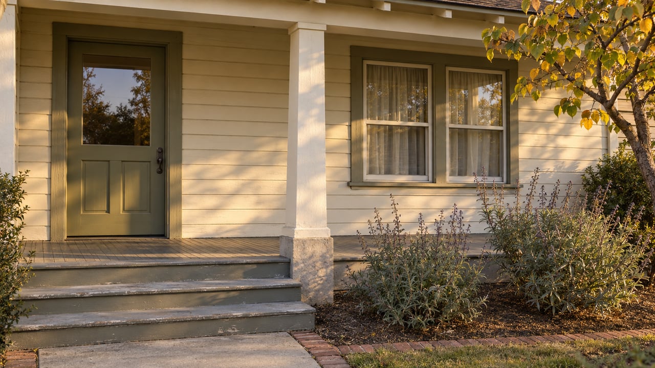 Warm evening light across an ivory wood-sided home, olive glazed door, paired sash window, and worn porch steps beside flowering sage.