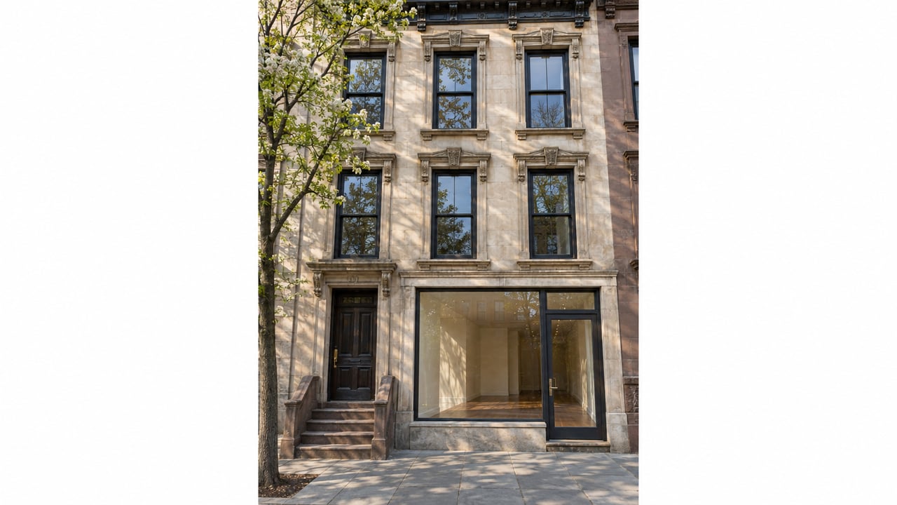 Limestone rowhouse with a dark timber entrance, worn steps, and a glass-fronted ground-floor shop.