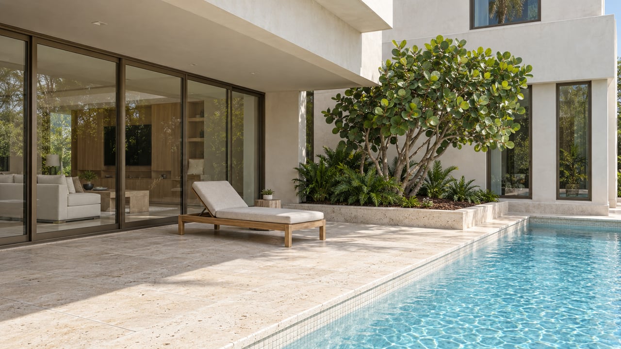 Sunlit luxury home pool terrace with pale limestone, bronze-framed glass doors, a teak chaise and a sculptural sea grape tree.