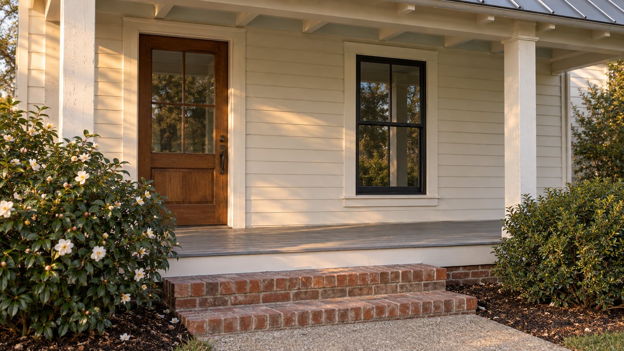Cream clapboard house with a closed glazed door, tall black-framed window, and brick porch steps.