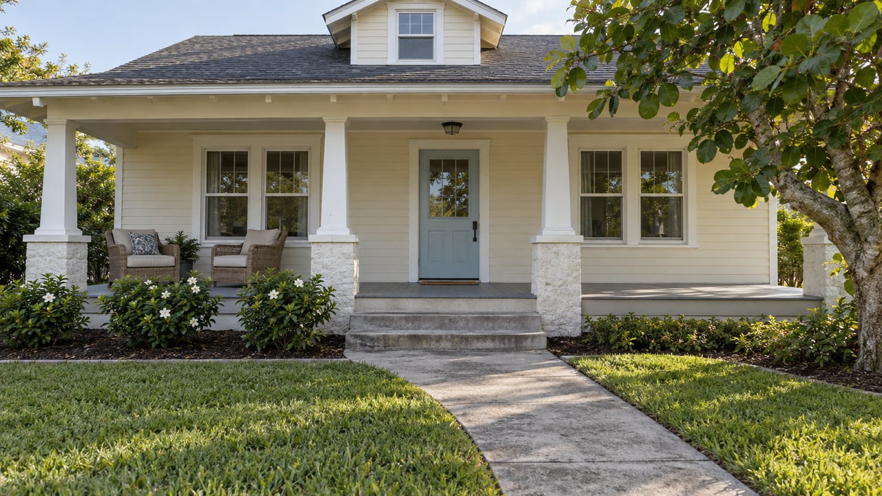 Cream bungalow with a wide shaded porch, pale blue front door and concrete garden walk bordered by lawn, gardenias and a sea grape tree.