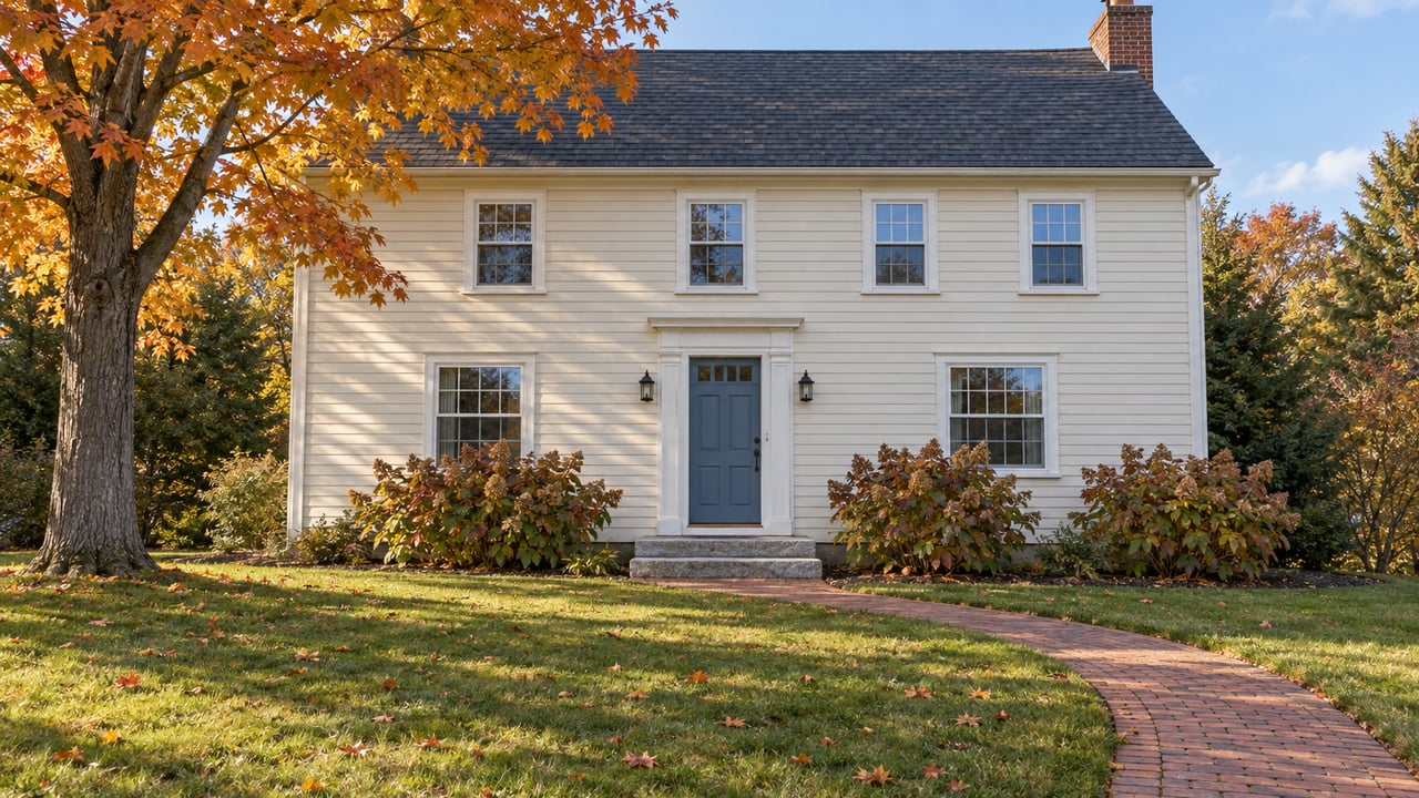 Cream clapboard house with a blue front door, granite steps and brick walkway, framed by an amber sugar maple and a broad autumn lawn.