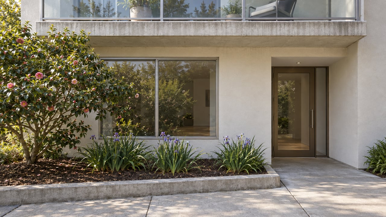 Sunlit condominium entry with off-white stucco, glass balcony, bronze-framed glazing and a mature camellia beside a concrete approach.