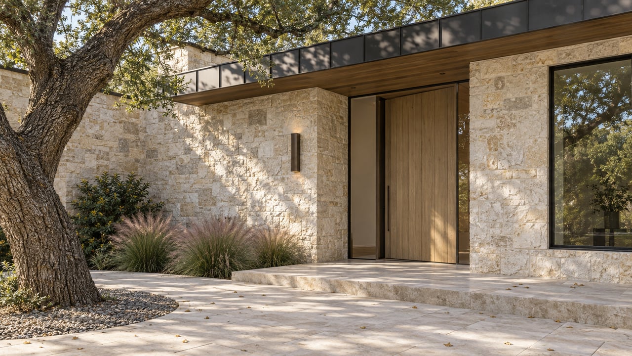 Recessed white-oak entry door in a limestone facade beneath a spreading live oak.