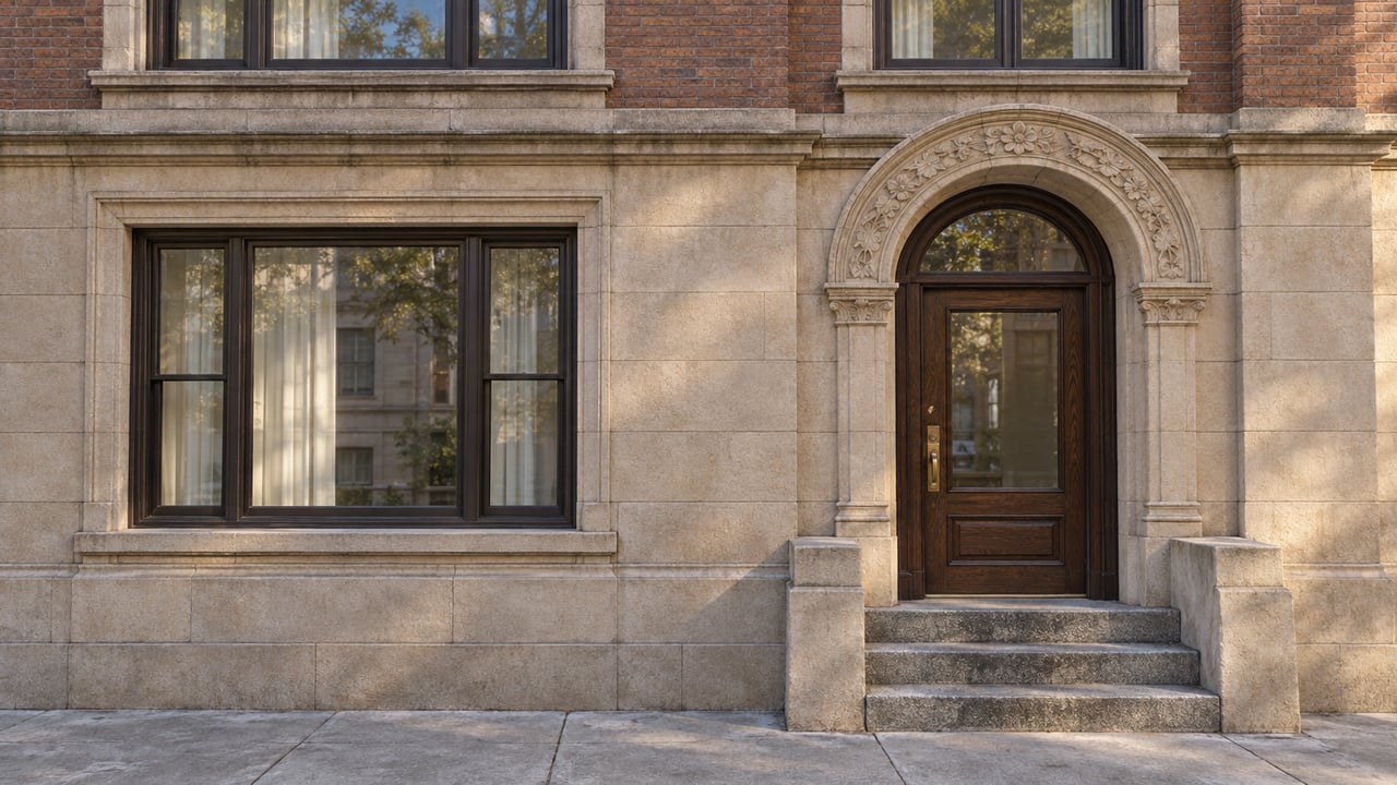 Residential building entrance with an ornate stone arch, broad window, and short set of steps.