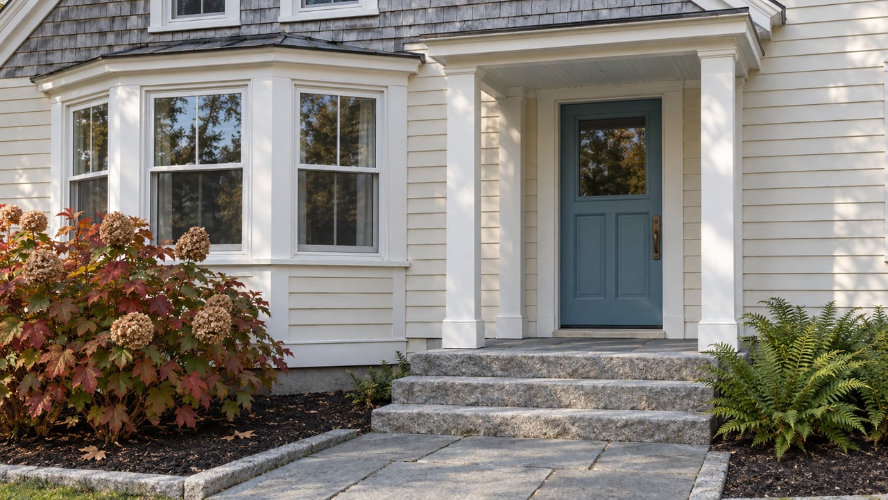 Ivory clapboard house with a cedar-shingled gable, projecting bay window, blue front door and weathered granite steps beside autumn oakleaf hydrangea.