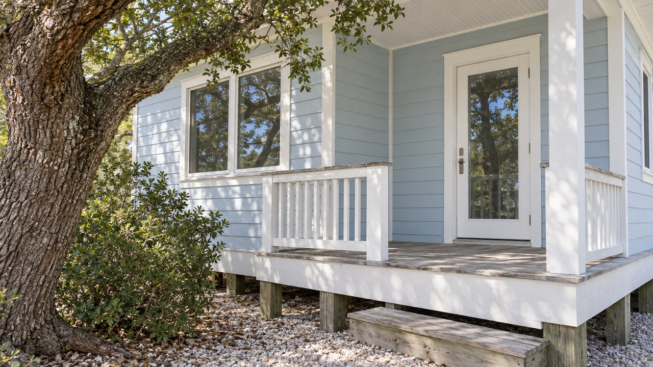 Pale-blue raised coastal house beneath a twisting live oak, with a glazed porch door and shell bed.