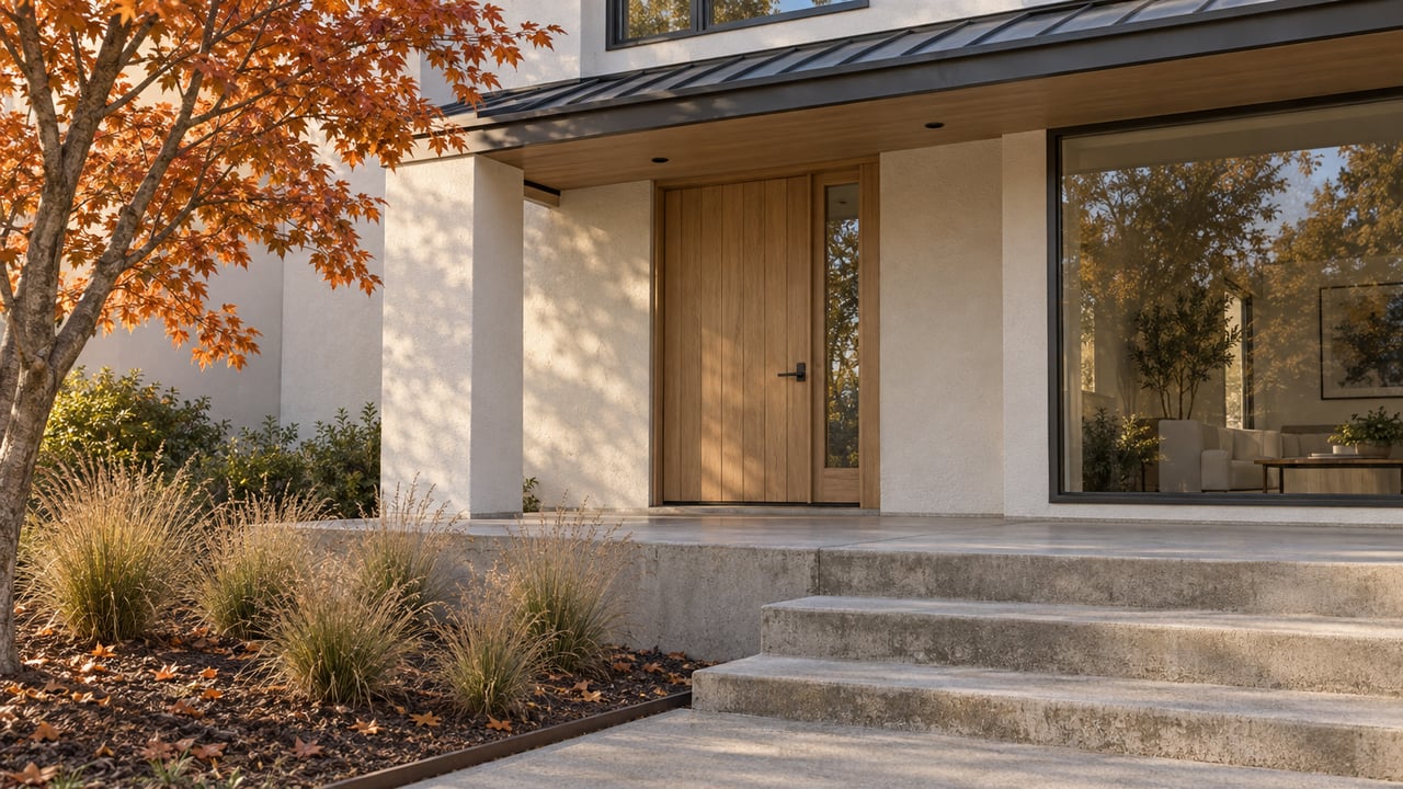 Low afternoon light on a cream stucco home with a sheltered oak entry, concrete steps and copper-colored maple foliage.