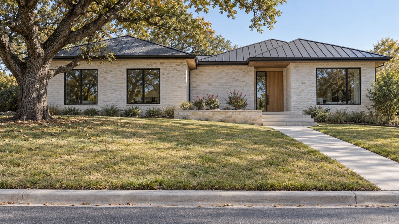 A low limewashed brick home with dark metal roofs, an oak entry door and a deep sloping lawn beneath a mature oak.