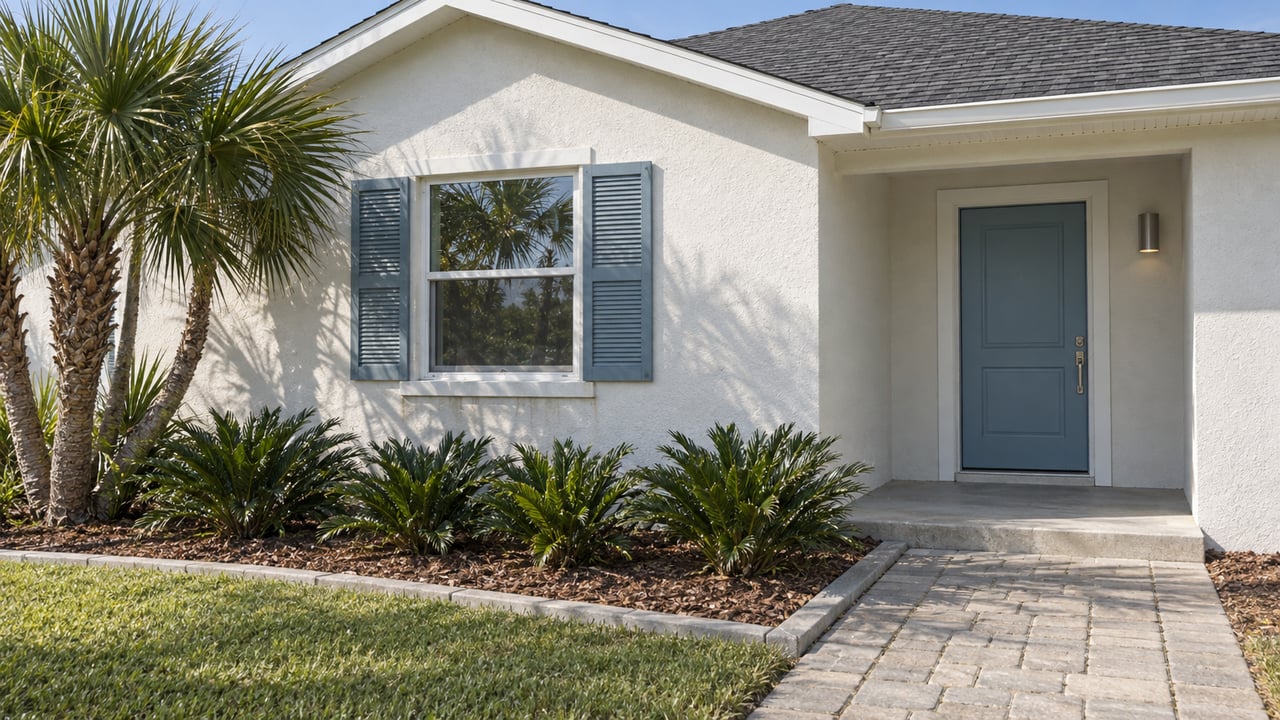 Light stucco coastal home with a blue entry door, paired blue shutters, gray paver approach and a sculptural fan palm.