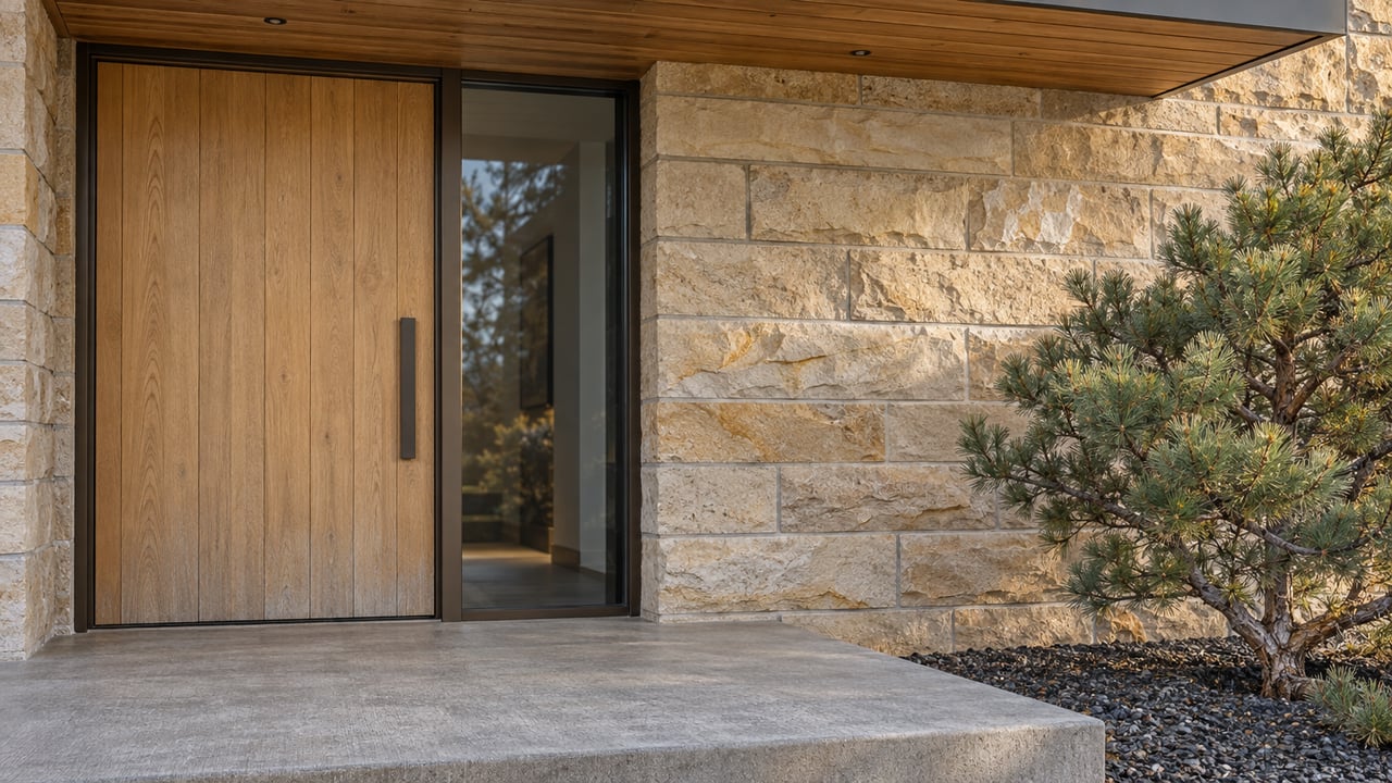 Contemporary entry with a wood door, bronze-framed sidelight, buff sandstone wall and a sculptural pine beside a concrete landing.