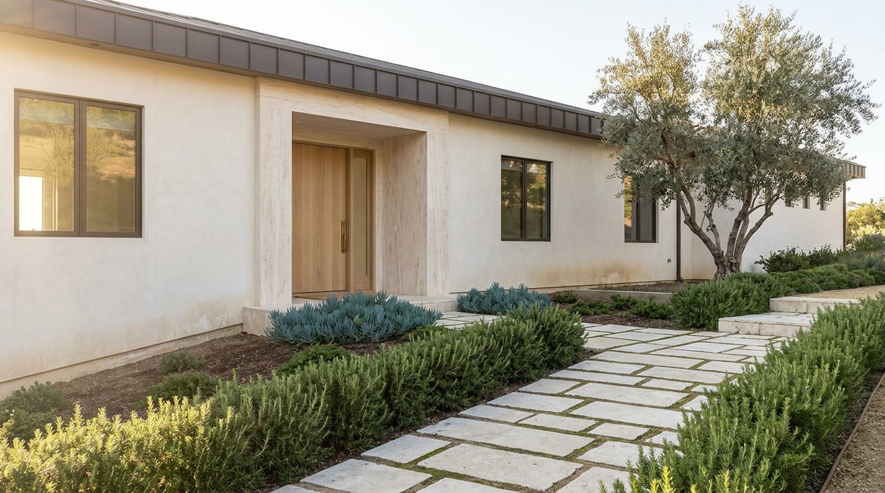 Hillside stucco estate with travertine entry, rising stone path, rosemary hedges, and an olive tree beside the facade.