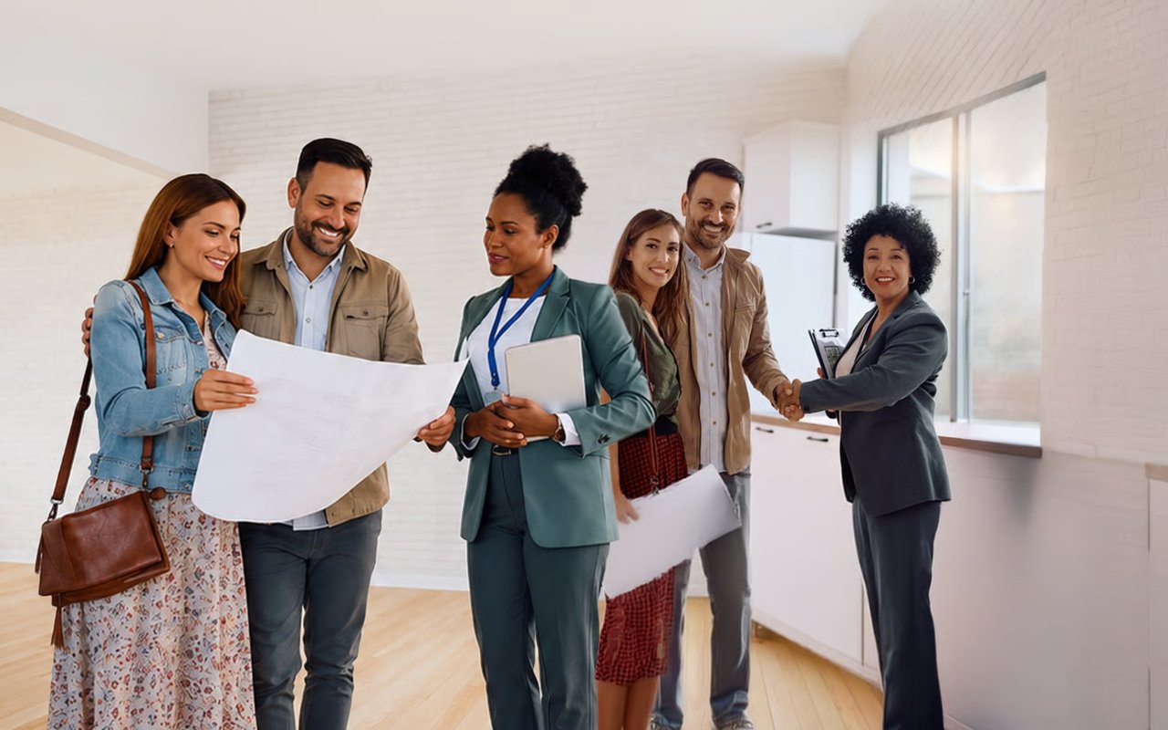 Real estate agent reviews a floor plan with a couple as another agent greets clients in a bright home.