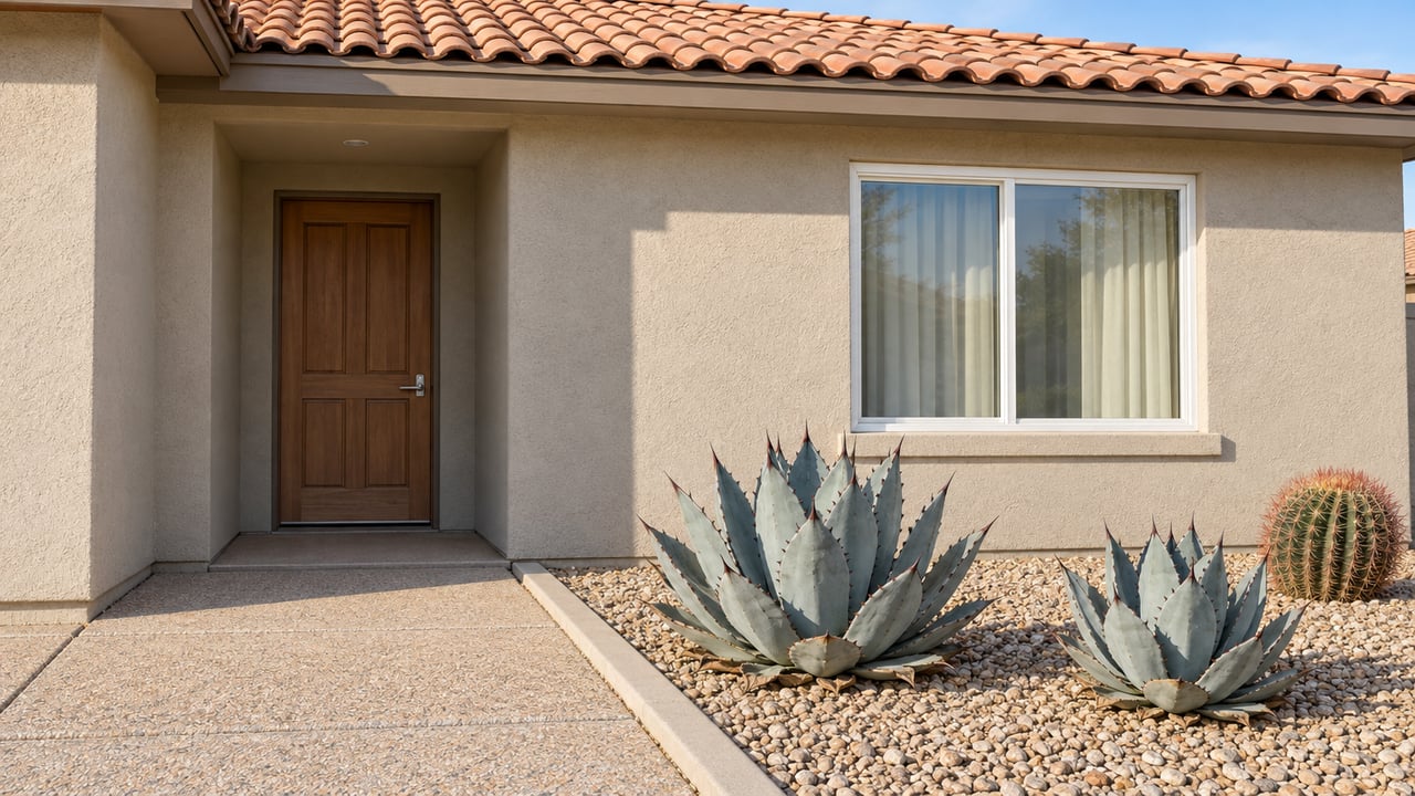 Sunlit sandy stucco entry with a clay-tile roof, closed wood door, white-framed window and agaves in a curbed gravel bed.