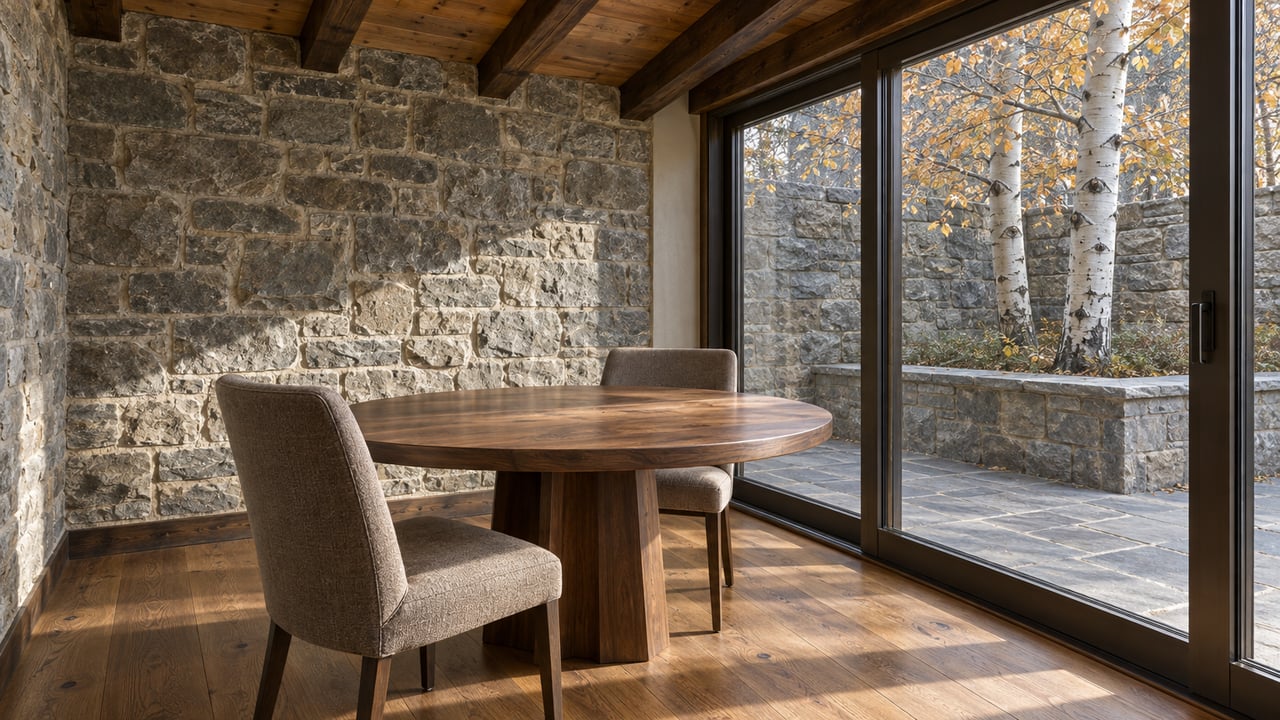 A walnut dining table and two upholstered chairs beneath timber beams, beside sealed glazing overlooking stone paving and sparse golden aspen leaves.
