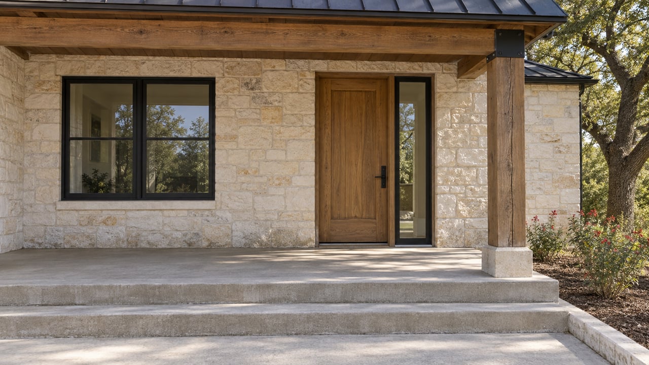 Pale limestone home entry with a timber porch post, black-framed window, oak door, and broad concrete steps.
