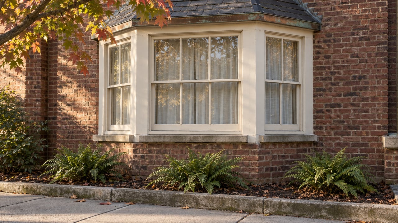 Red-brick house with a white-trimmed bay window beneath autumn leaves.