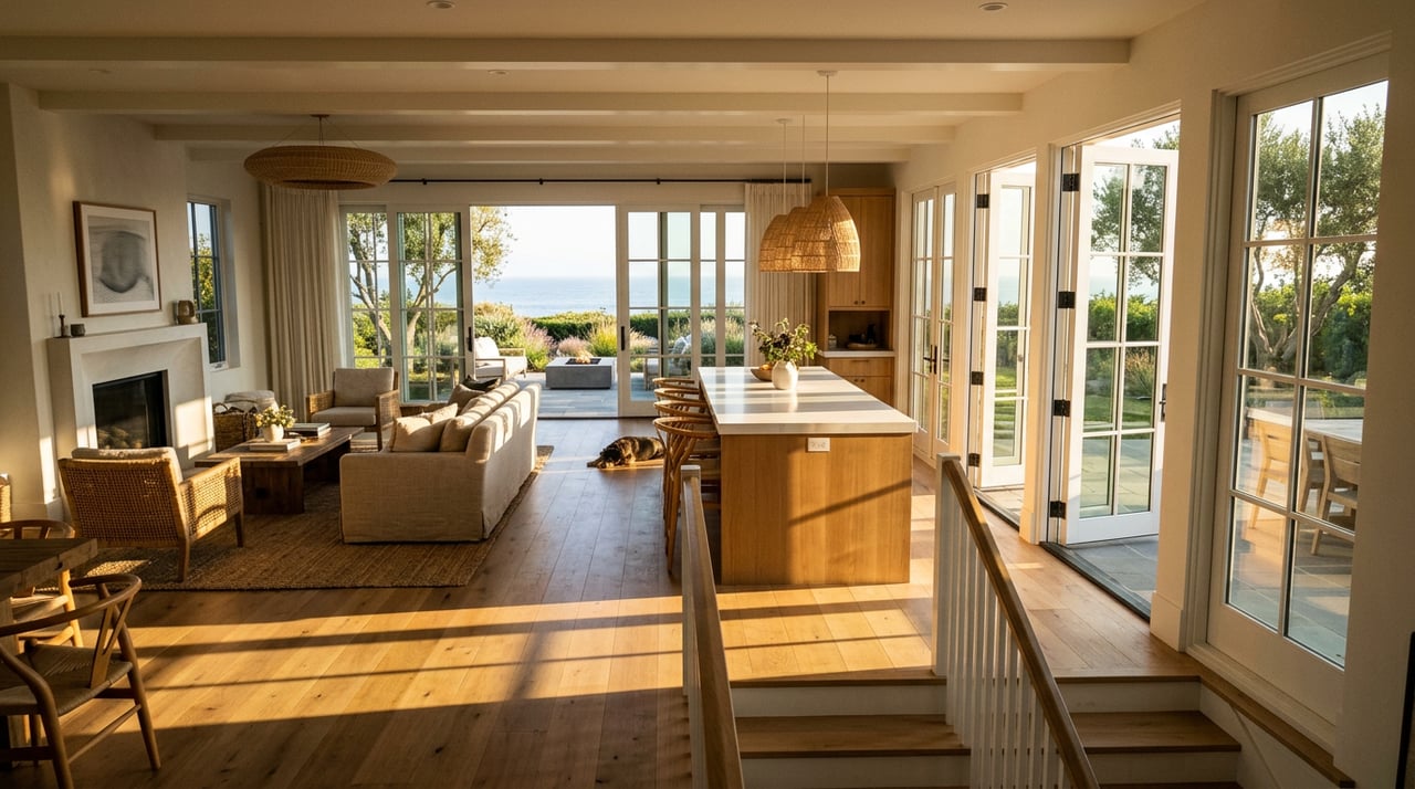 Coastal-modern great room with a kitchen island, sofa, divided-lite doors, and sharp sunlight stripes across the floor.