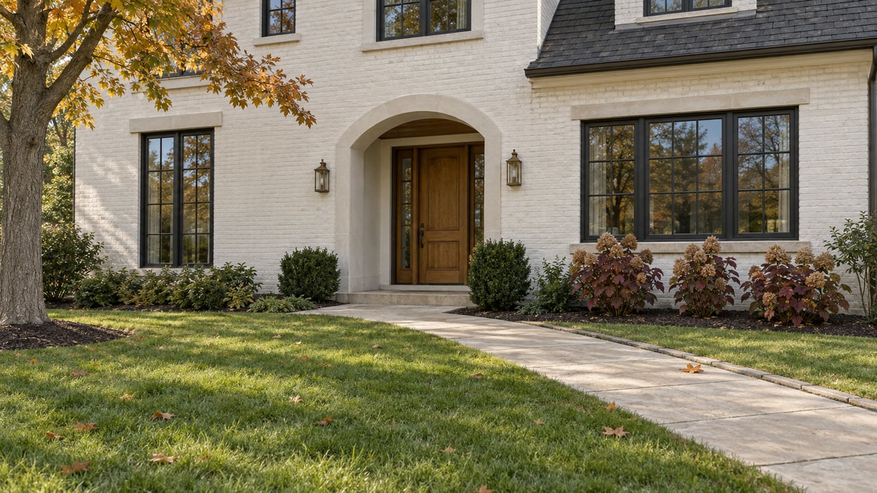 Warm-white brick home with an arched oak entrance, black-framed windows, a limestone walk and autumn planting across a deep front lawn.