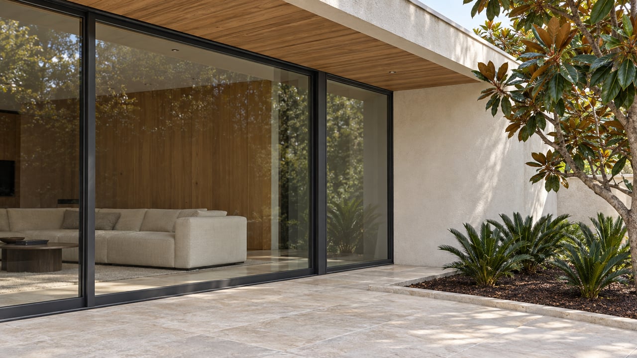 Contemporary home's covered limestone terrace with teak soffit, dark-framed glazing and a magnolia beside a raised planting bed.