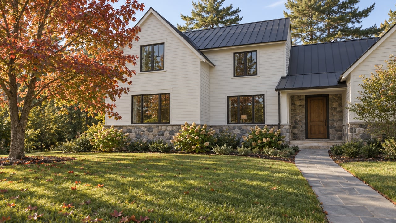 Two-story off-white house with a charcoal gabled roof, bluestone walkway, and russet-red tree.
