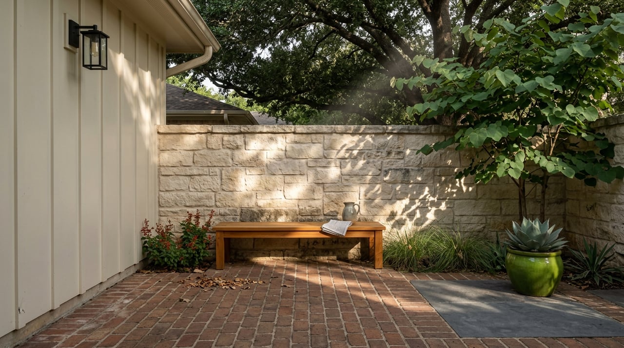 Cedar bench against a limestone garden wall, with a green ceramic planter beneath a live oak canopy.