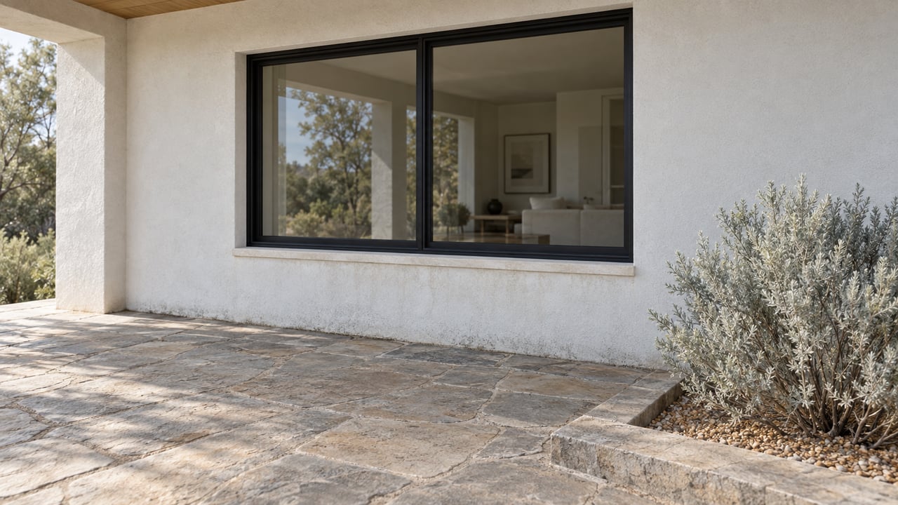 White stucco wall with a broad black-framed window above a stone terrace and a gravel bed with silver sagebrush.